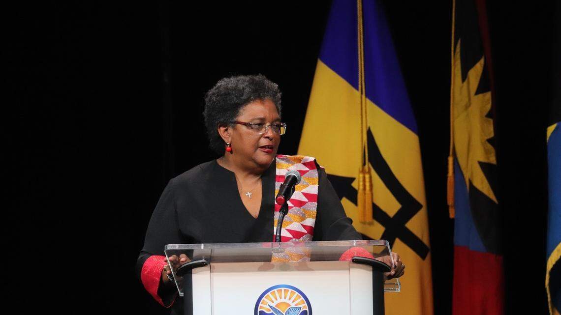 Barbados Prime Minister Mia Mottley during the opening ceremony of the 48th regular meeting of Caribbean Community, CARICOM, in Bridgetown, Barbados on Wednesday, Feb. 19, 2025.
