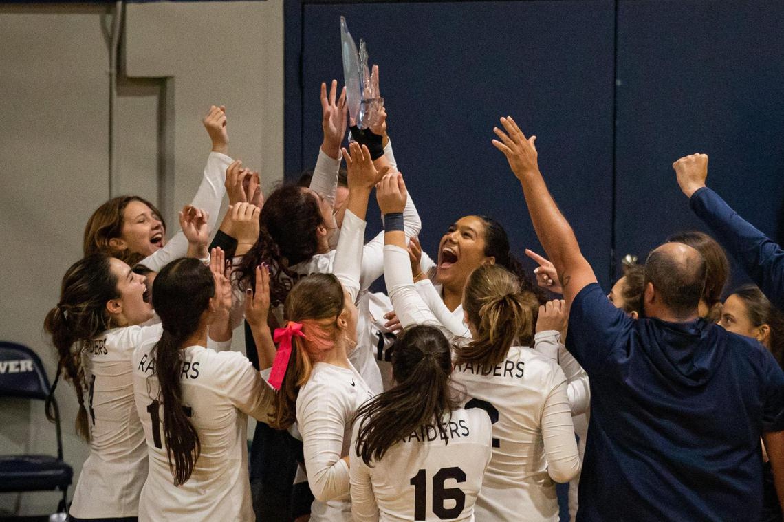 Gulliver Prep Varsity Girls Volleyball team reacts after winning a game against Saint Andrew’s at Gulliver Prep School in Pinecrest, Florida on Monday, October 3, 2022.
