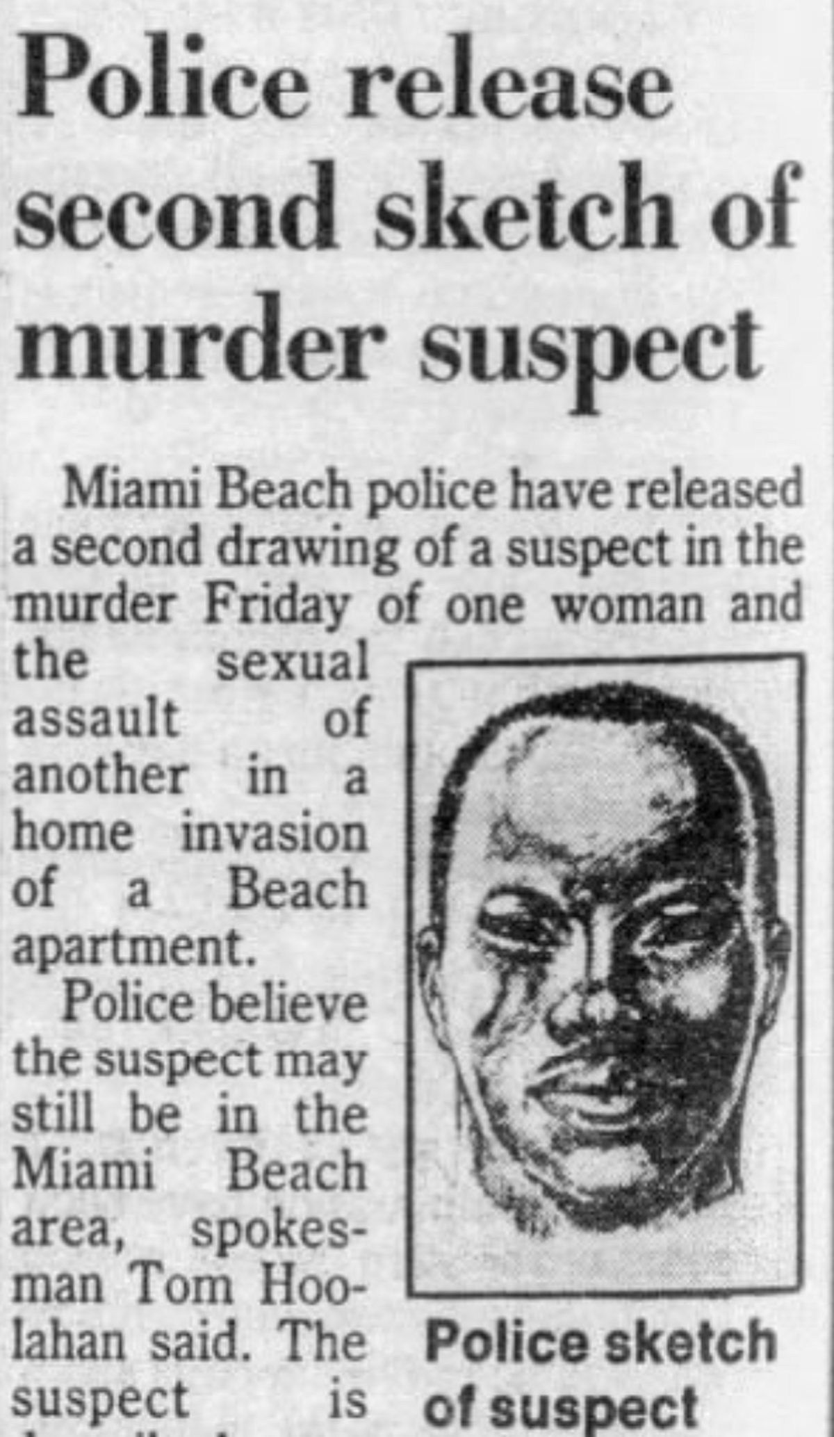 A 1990 Miami Herald newspaper clipping shows the sketch Miami Beach police released shortly after Mercedes Perez, 34, was shot to death.