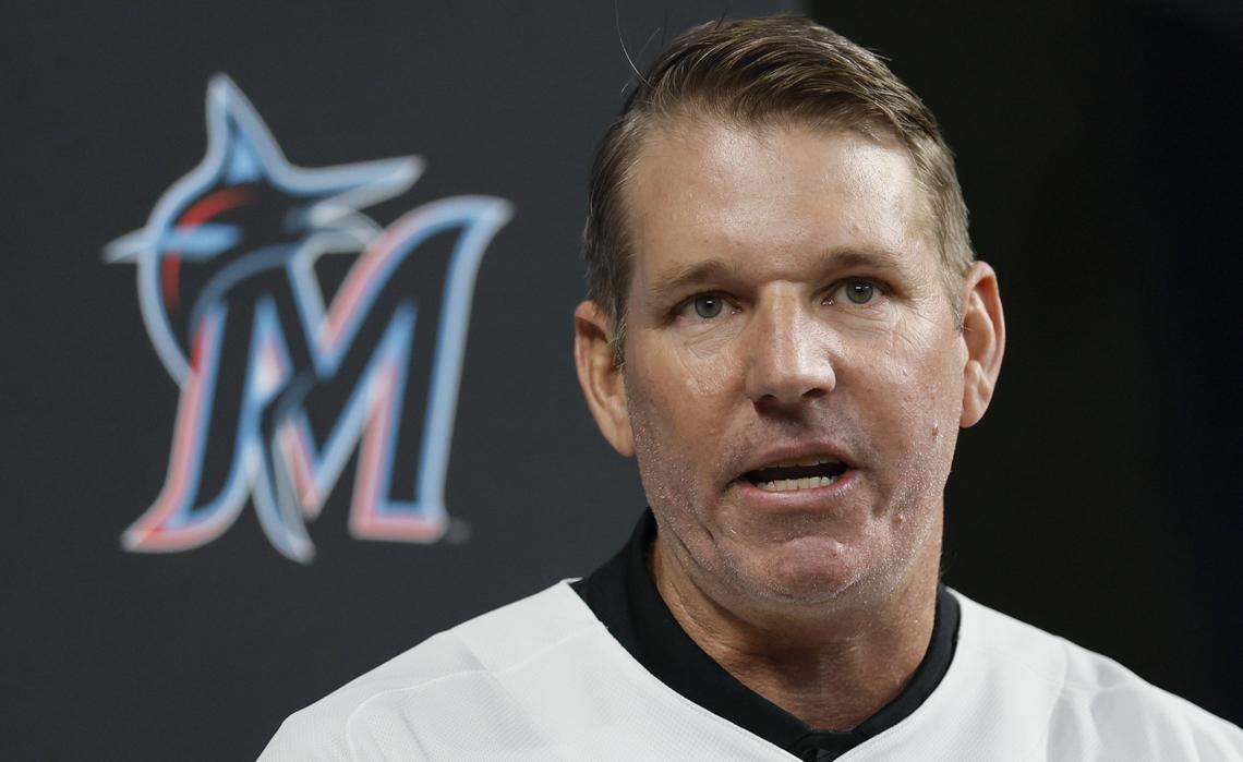 Miami Marlins coach Clayton McCullough speaks during Marlins Fan Fest at loanDepot park in Miami on Saturday, February 7, 2026. 