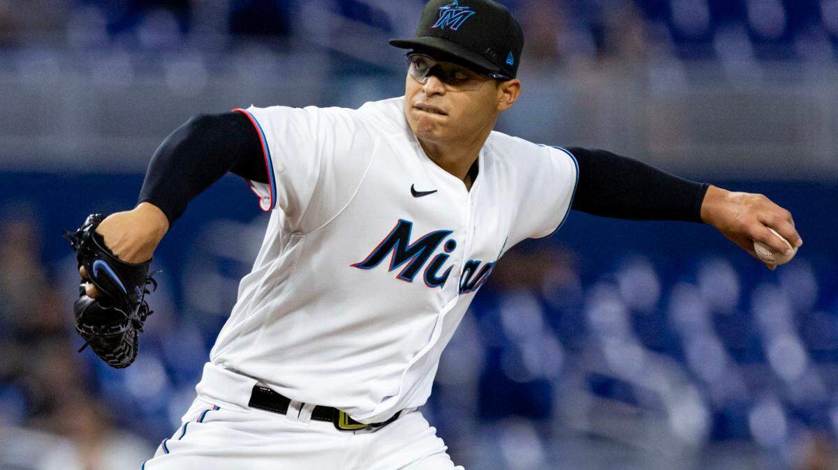 Miami Marlins pitcher Jesus Luzardo (44) throws the ball during the first inning of an MLB game against the San Diego Padres at loanDepot park in the Little Havana neighborhood of Miami, Florida, on Thursday, June 1, 2023.