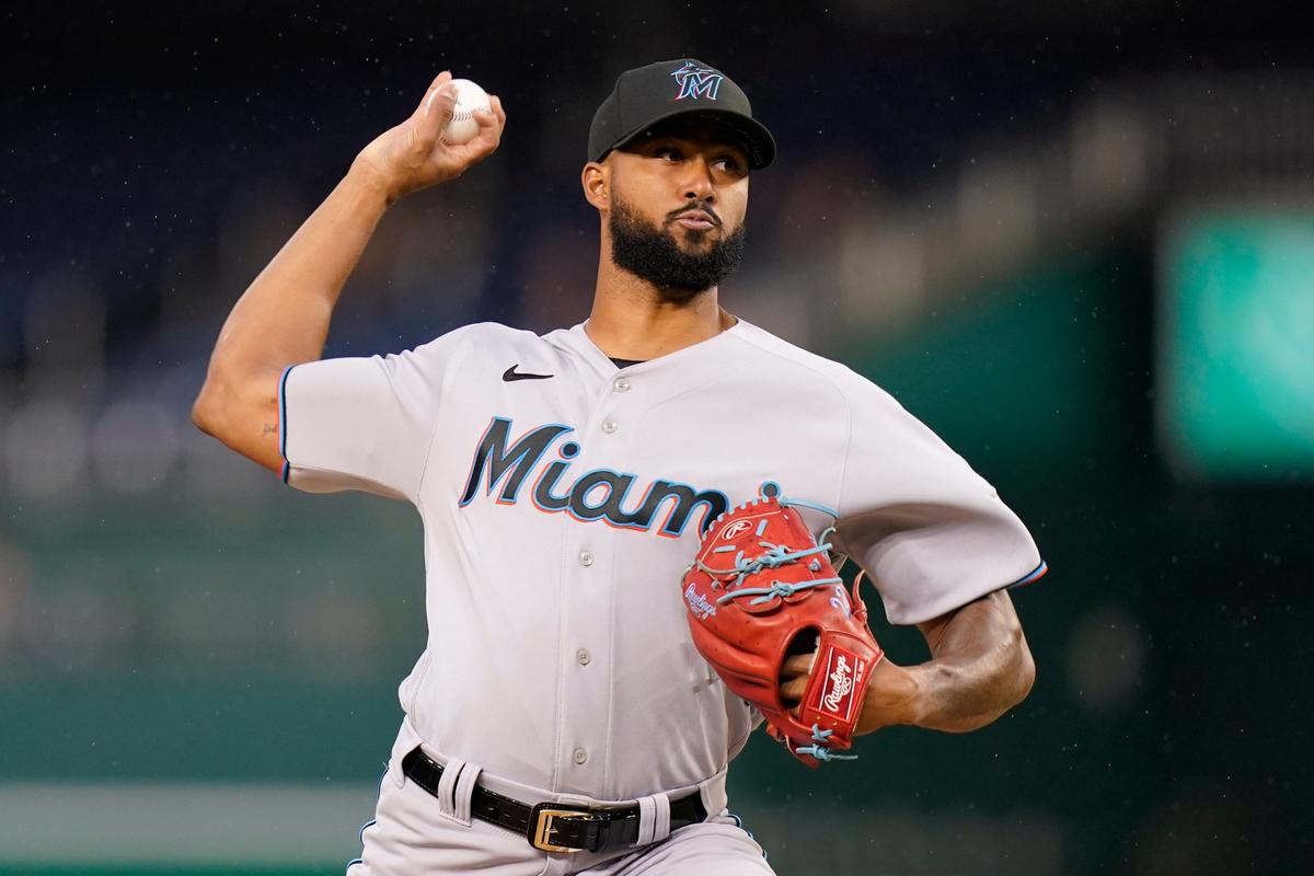 Miami Marlins starting pitcher Sandy Alcantara throws to the Washington Nationals during the first inning of a baseball game Tuesday, April 26, 2022, in Washington. (AP Photo/Patrick Semansky)