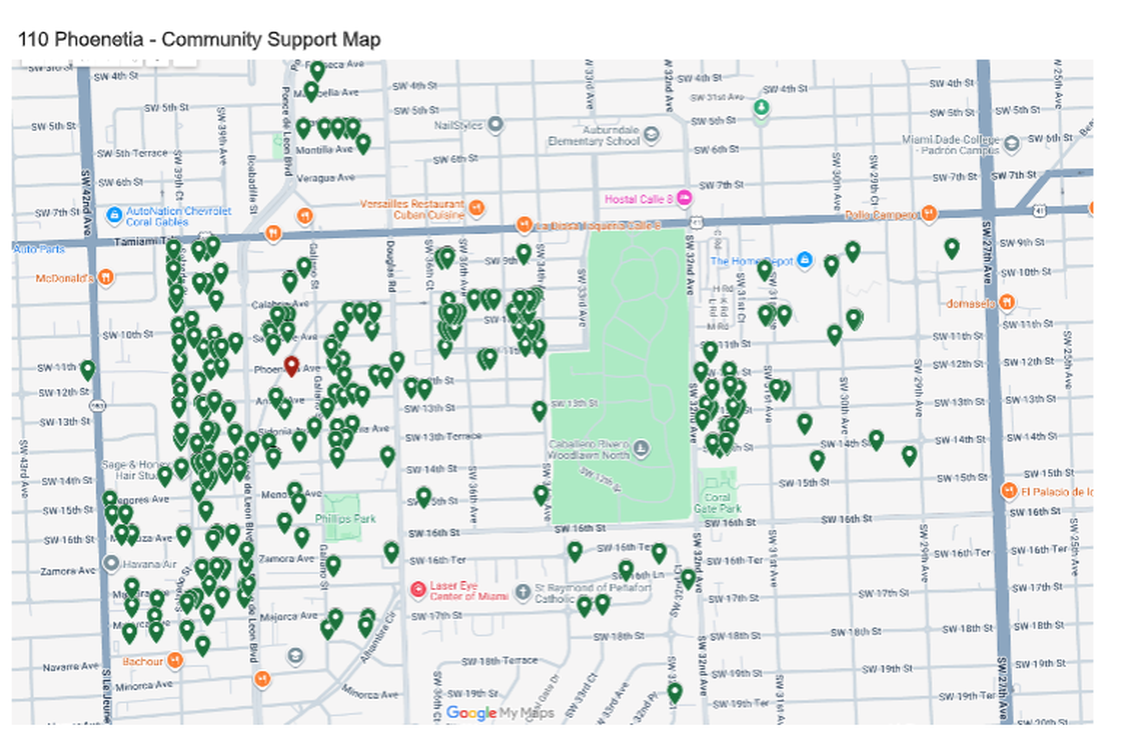 Fifield said it collected over 400 signatures from nearby residents who support its proposed nine-story mixed-use development at 110 Phoenetia Ave. A map presented during the Tuesday, Feb. 10, 2026, Coral Gables City Commission meeting showed a sample of collected signatures. The proposed development is the red marker. The green markers are residents that support the project. The map does not mark residents who do not support the project.