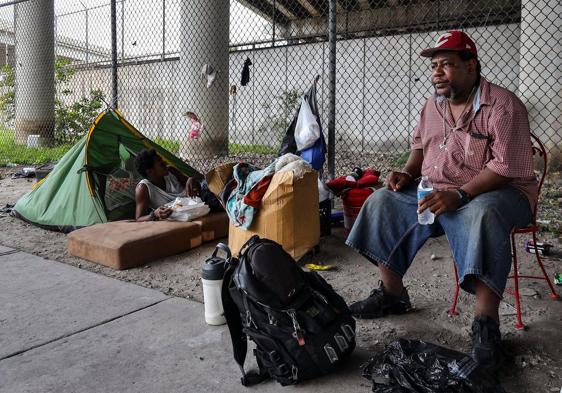 Veggeta Muhammad, 41, right, has been homeless for six months and claims that the police and the Homeless Trust discarded dwellers’ items in an attempt to evict many who sheltered in place underneath I-95.