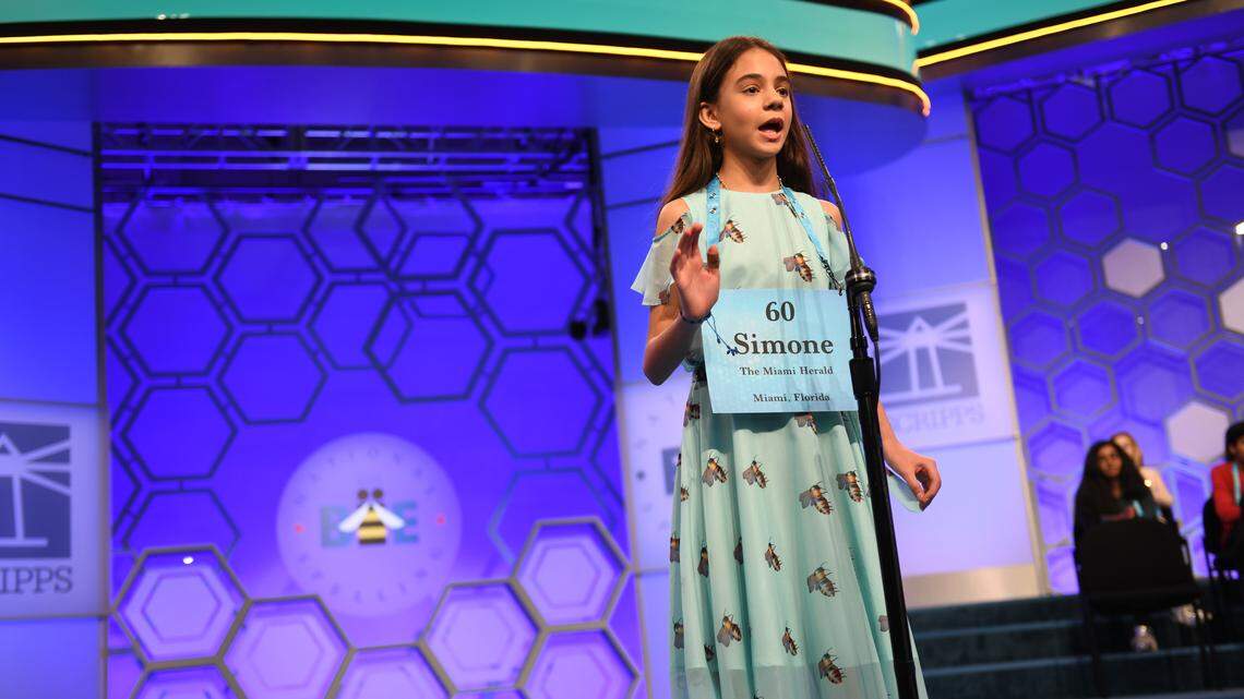 Simone Kaplan, 12, from Davie, made it to the finals of the Scripps National Spelling Bee, which was broadcast live Thursday night, May 31, 2018, on ESPN.  Here she is spelling carmagnole (street dance during the time of the French Revolution) during the final. She missed the final 'e,' and was eliminated in the first round.