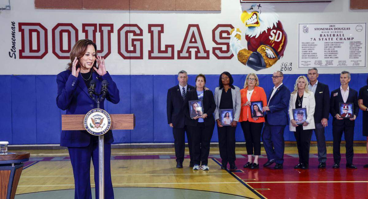 Vice President Kamala Harris speaks to the media after the VP and the White House Office of Gun Violence Prevention met with families whose loved ones were murdered during the 2018 mass shooting that took the lives of 14 students and three staff members at Marjory Stoneman Douglas High School in Parkland, Florida on Saturday, March 23, 2024.
