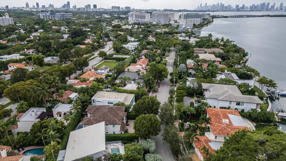 View of North Bay Road, where some wealthy residents are trying to move forward with a proposal to block off the street and make this a gated road that would have guard towers and require a driver's license to pass through, in Miami Beach, on Tuesday October 28, 2025.