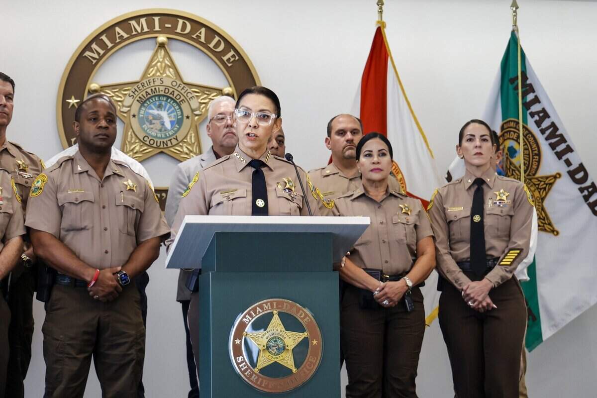 Miami-Dade Sheriff Rosie Cordero-Stutz releases the names of the victims of the Amazon cargo plane crash during a news conference at Miami-Dade Sheriff’s Office Headquarters in Doral, Florida, on Tuesday, Sept. 8, 2026.