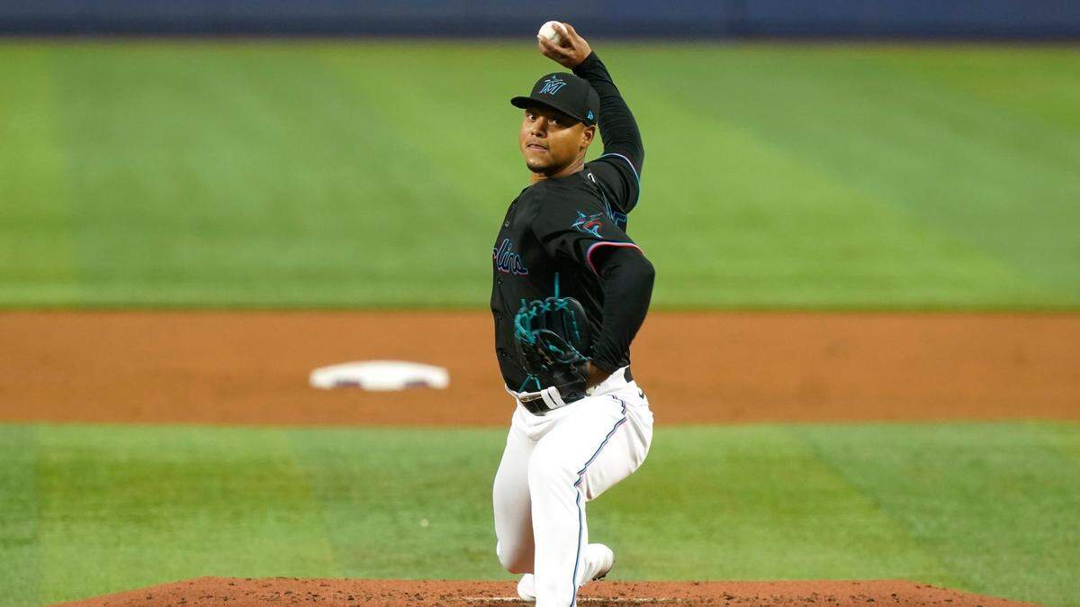 Miami Marlins starting pitcher Elieser Hernandez throws during the second inning of a baseball game against the Miami Marlins, Friday, June 3, 2022, in Miami. (AP Photo/Marta Lavandier)
