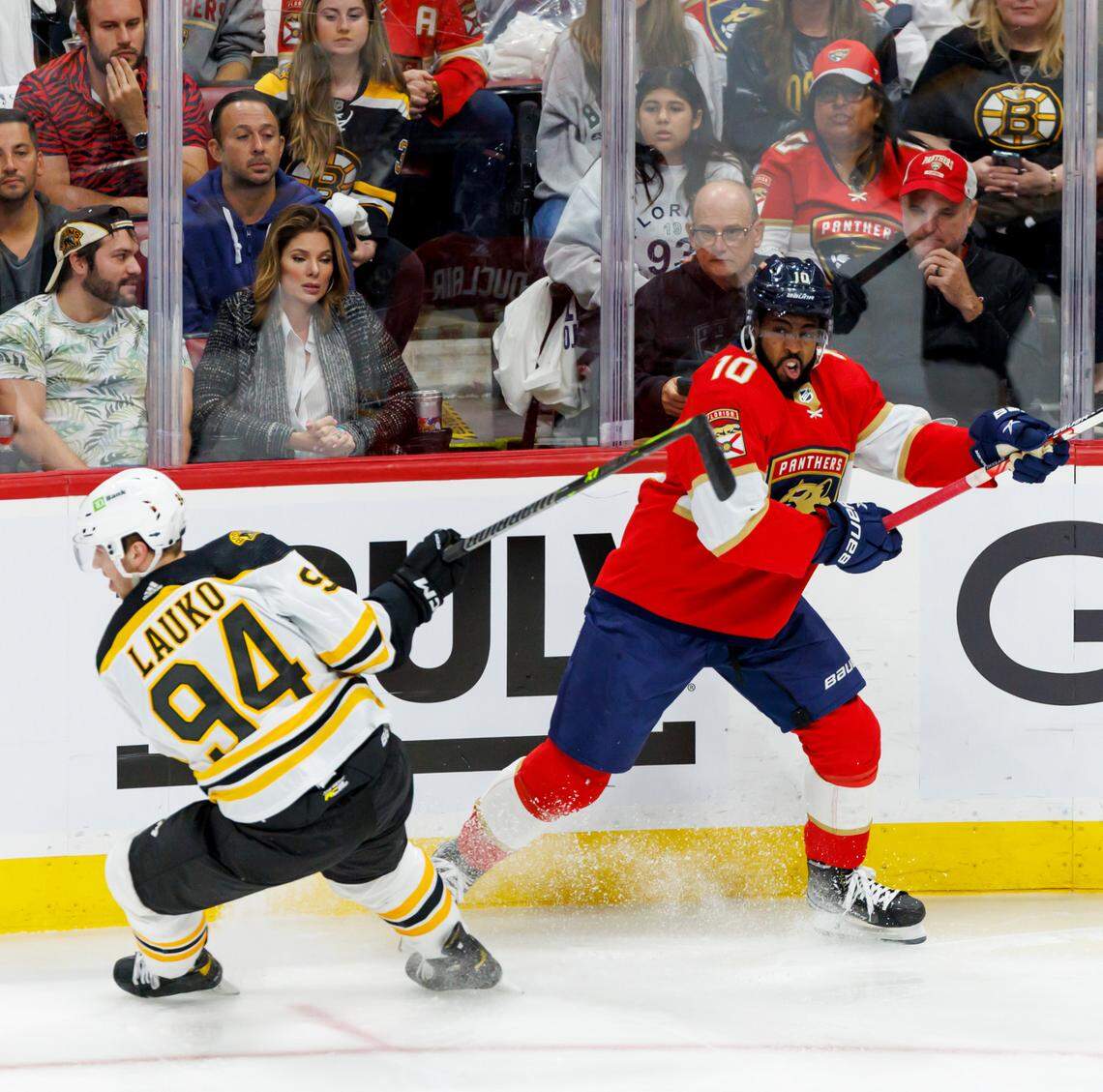 Florida Panthers left wing Anthony Duclair (10) in action against Boston Bruins center Jakub Lauko (94) during the first period of Game 3 of a first round NHL Stanley Cup series at FLA Live Arena on Friday, April 21, 2023 in Sunrise, Fl.
