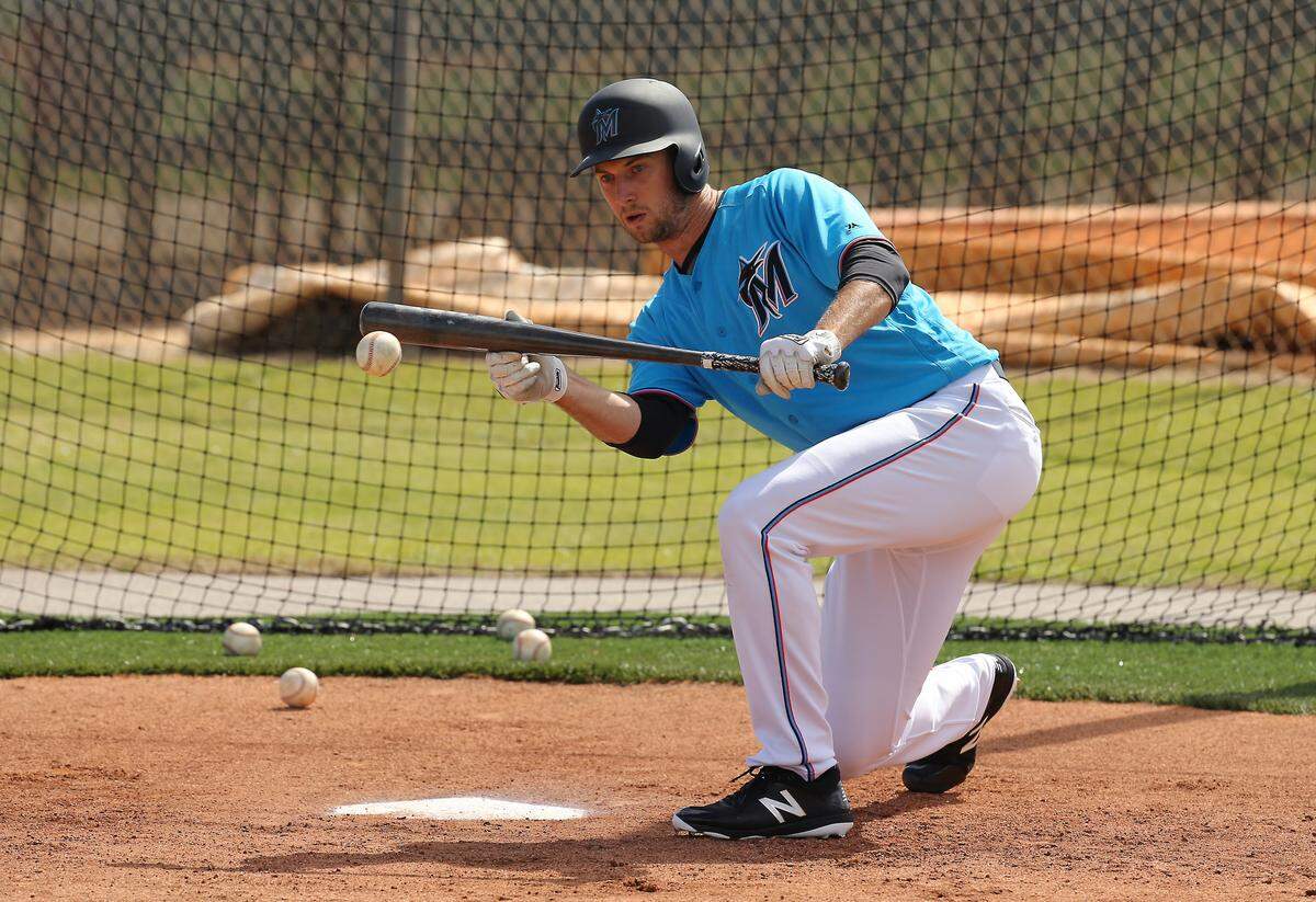 Miami Marlins pitcher Trevor Richards (36) during batting before the start of a Major League Baseball spring training game against the Houston Astros at the Roger Dean Chevrolet Stadium on Thursday, March 7, 2019 in Jupiter, FL.
