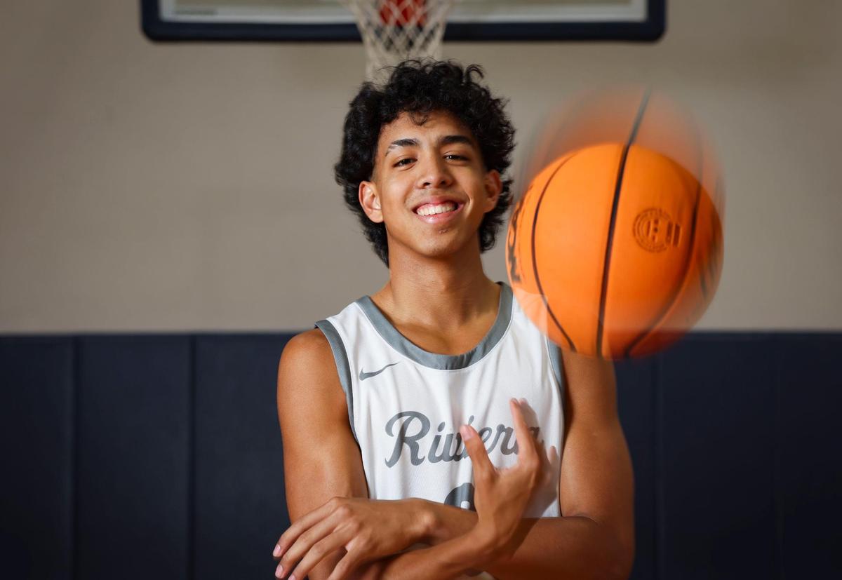 Mason Fuentes, from Riviera Prep, poses during a photo shoot for Miami-Dade basketball players of the year on Tuesday, April 8, 2025, at Riviera Schools Preparatory School Campus in Miami, Fla.