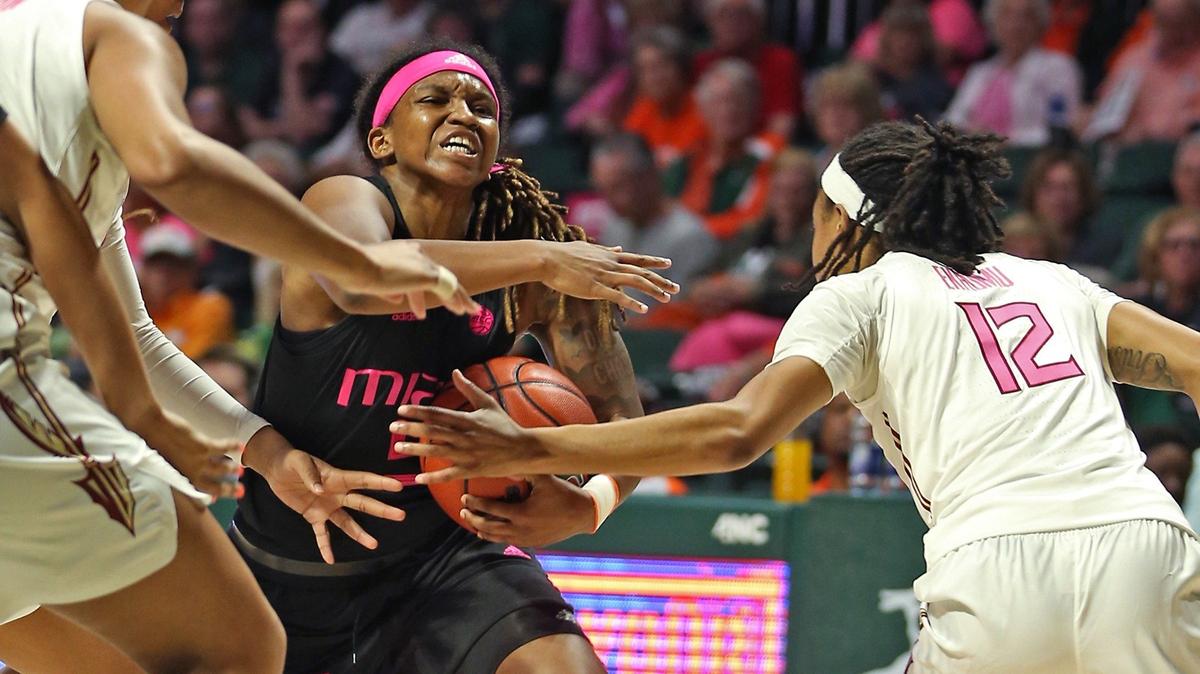 The University of Miami’s #5 Mykea Gray drives to the basket as the University of Miami women’s basketball team hosts FSU on Sunday, February 24, 2019.