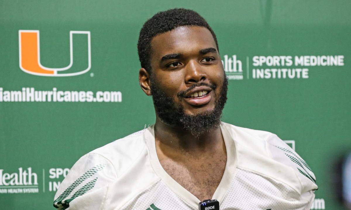 Miami Hurricanes defensive lineman Jared Harrison-Hunte speaks to the media after practice at the University of Miamis Greentree Practice Field in Coral Gables on Thursday, August 19, 2021.