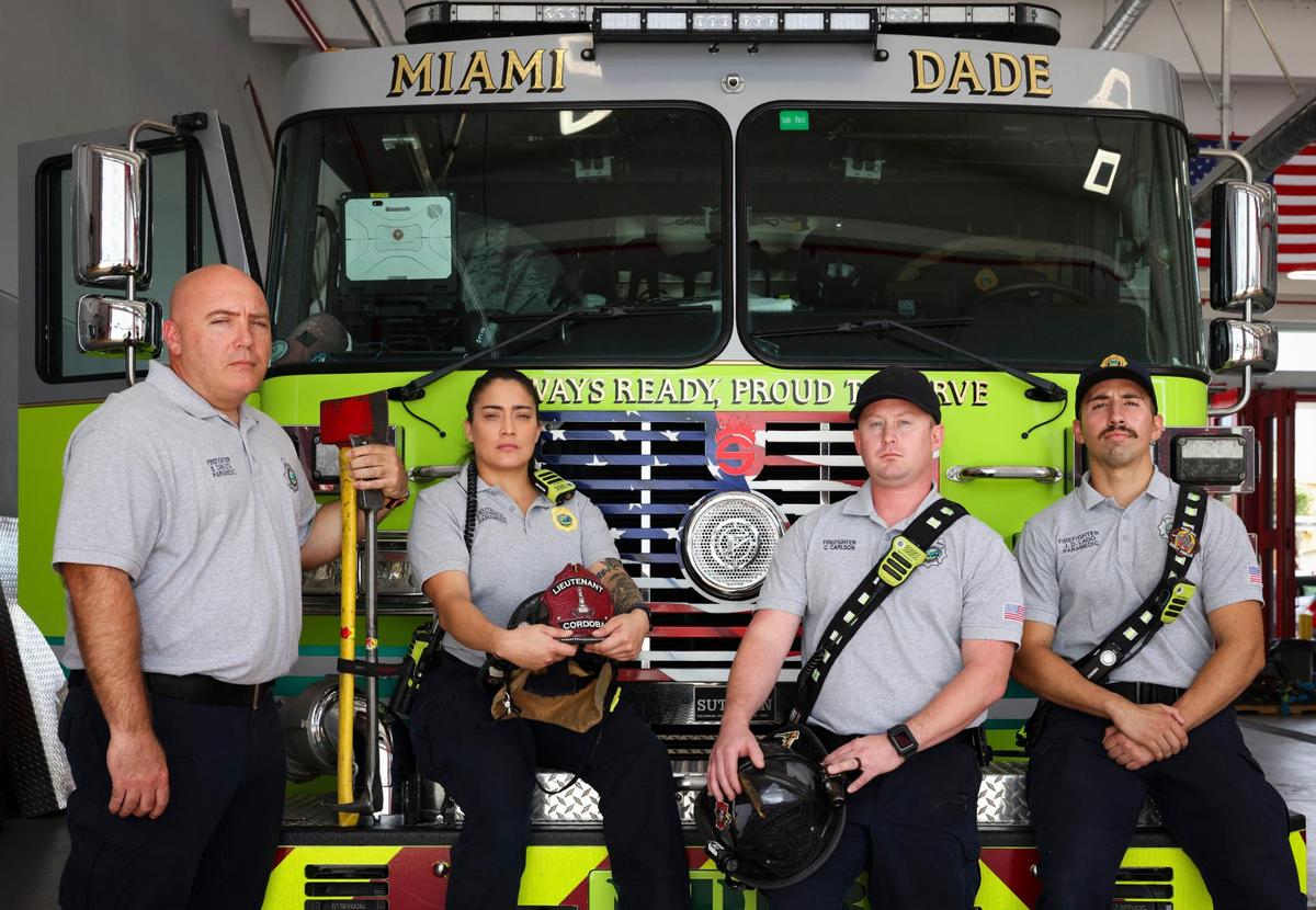 From left to right: Bibich Zabaleta, Lieutenant Veronica Cordoba, Chris Carlson, and Jared Lago, the fire engine crew for Station 68, pose during a shift on Thursday, April 3, 2025, at Dolphin Station 68 in Doral, Fla. Property taxes go towards public safety expenses like the fire department.