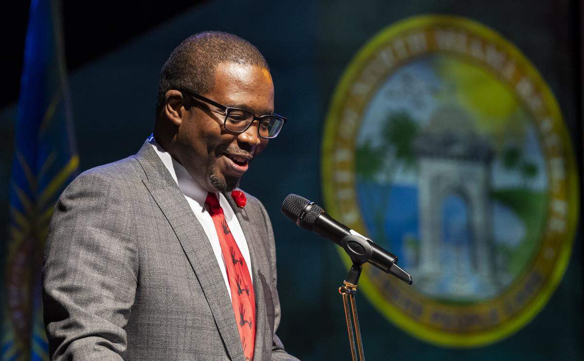 North Miami Beach Mayor Michael Joseph speaks after being sworn in during a ceremony at the Julius Littman Performing Arts Theater, pm Dec. 10, 2024.