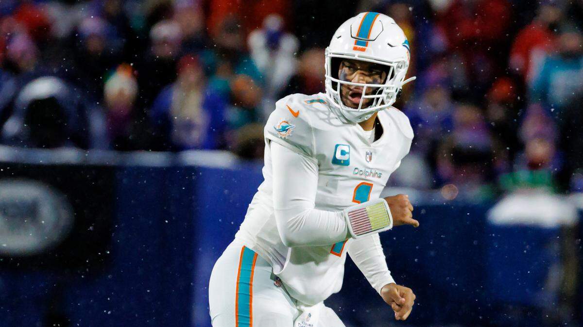 Miami Dolphins quarterback Tua Tagovailoa (1) in action during fourth quarter of an NFL football game against the Buffalo Bills at Highmark Stadium on Saturday, December 17, 2022 in Orchard Park, New York.