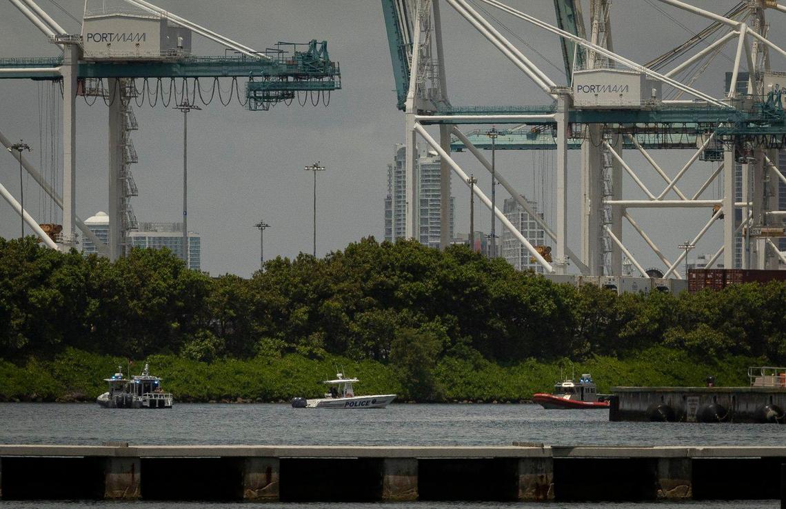 The police investigate the scene around where a boat crashed into the Fisher Island ferry earlier this morning surrounding Fisher Island on Sunday, June 25, 2023, in Biscayne Bay. Boat traffic was closed off in the surrounding area.