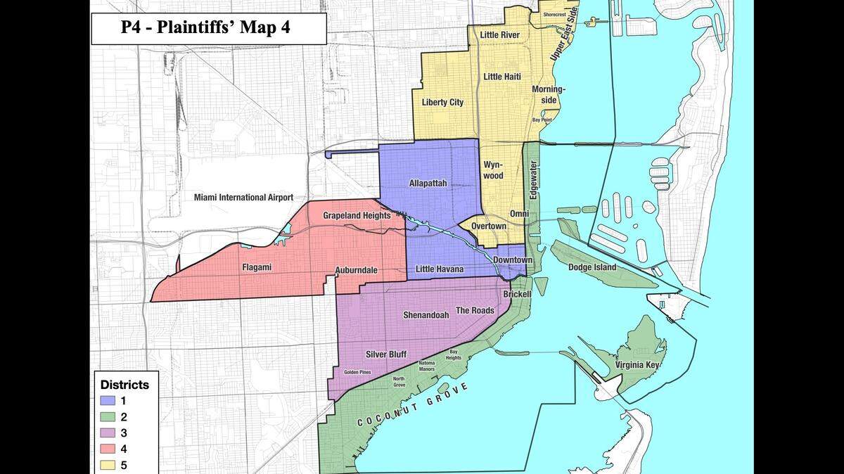 A federal judge has ruled that the city of Miami must use this voting map for the November 2023 elections. This order, issued July 30, is the latest turn in a lawsuit challenging the city’s 2022 redistricting process.