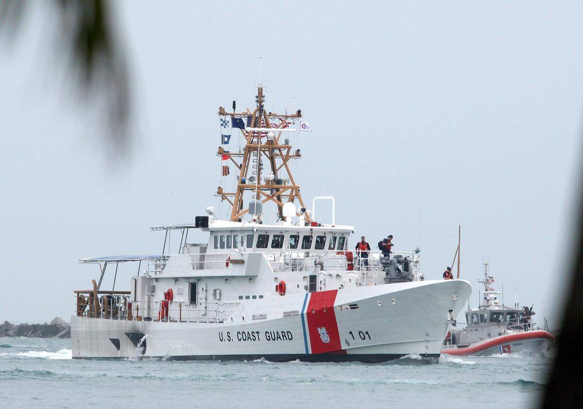 The Coast Guard Cutter Webber, a 154-foot Coast Guard fast response cutter prototype sails into its station in Miami Beach, Florida on Thursday, February 9, 2012. The Coast Guard worries that a proposed residential development would impact its operations.