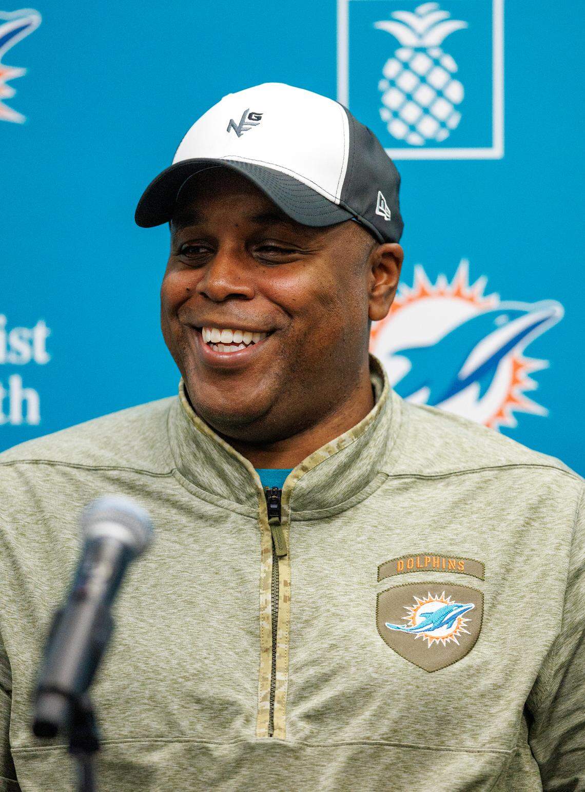 Miami Dolphins general manager Chris Grier speaks during team pre-draft press conference at Baptist Health Training Complex in Hard Rock Stadium on Wednesday, April 19, 2023 in Miami Gardens, Florida.
