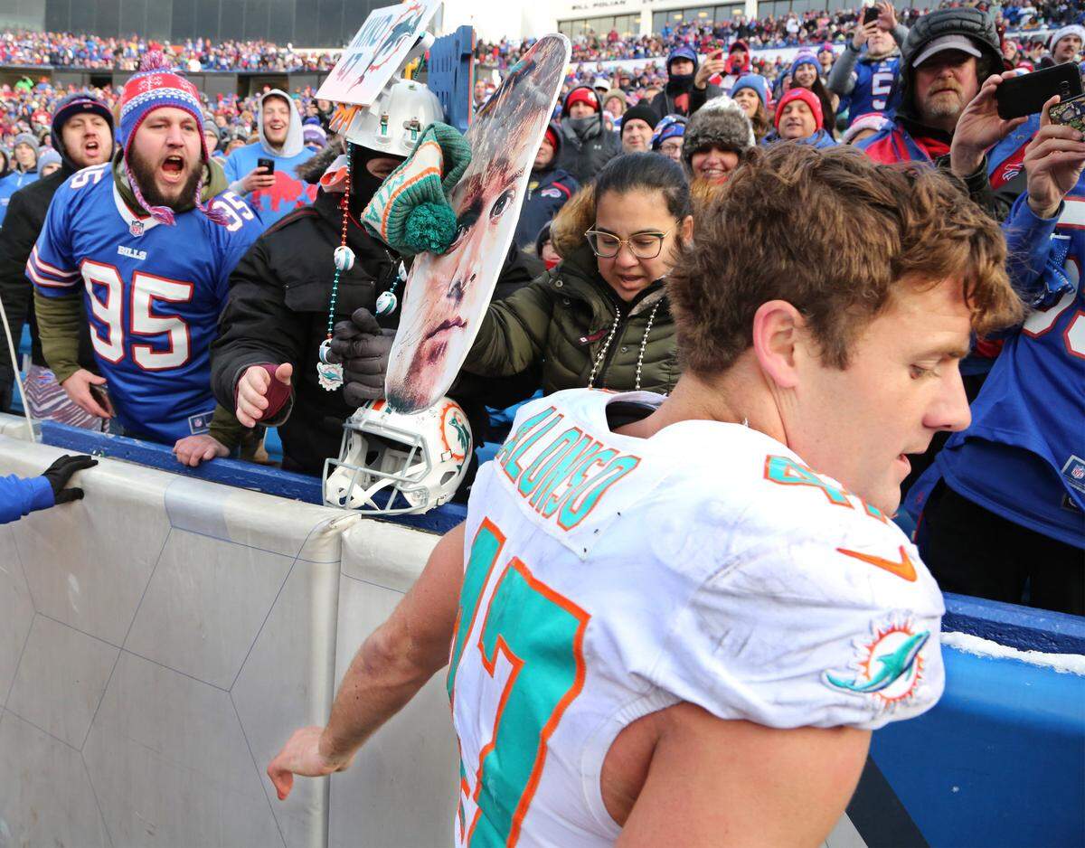 Miami Dolphins outside linebacker Kiko Alonso (47) walks off the field after being ejected in the second half Sunday, Dec. 30, 2018, at New Era Field in Orchard Park, N.Y.