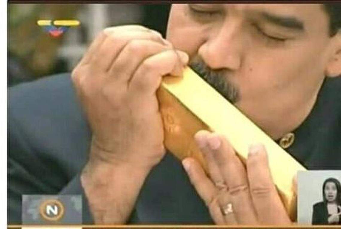 Venezuelan President Nicolás Maduro shows his appreciation for a gold bar, product of a mining industry that has kept his country afloat — barely — as oil production has faltered. It can be argued that it is the United States’ demand for gold that is keeping Maduro in power.