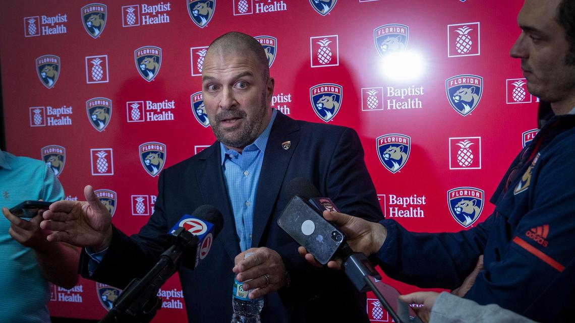 Sunrise, FL- March 3, 2023 - Panthers General Manager Bill Zito speaks to the press during a press conference at Live Arena in Sunrise, Florida