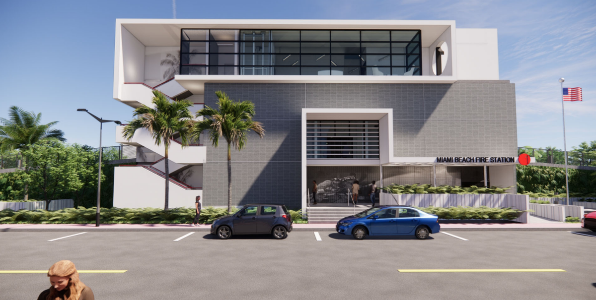 A rendering shows the proposed design of a new fire station in South Beach at the current site of the South Shore Community Center.
