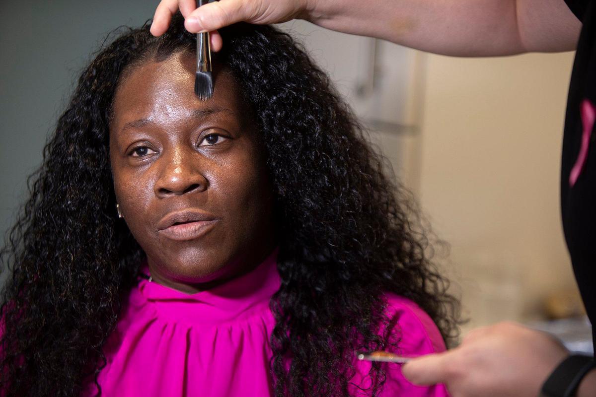 Carolyn Lewis, gets her make up done during the grand opening of Memorial Cancer Institute’s Center for Mind, Body & Spirit that offers a variety of spa services to cancer patients including personalized wig fittings, head coverings, lymphedema services and skincare services; in Pembroke Pines, on Wednesday May 29, 2024.