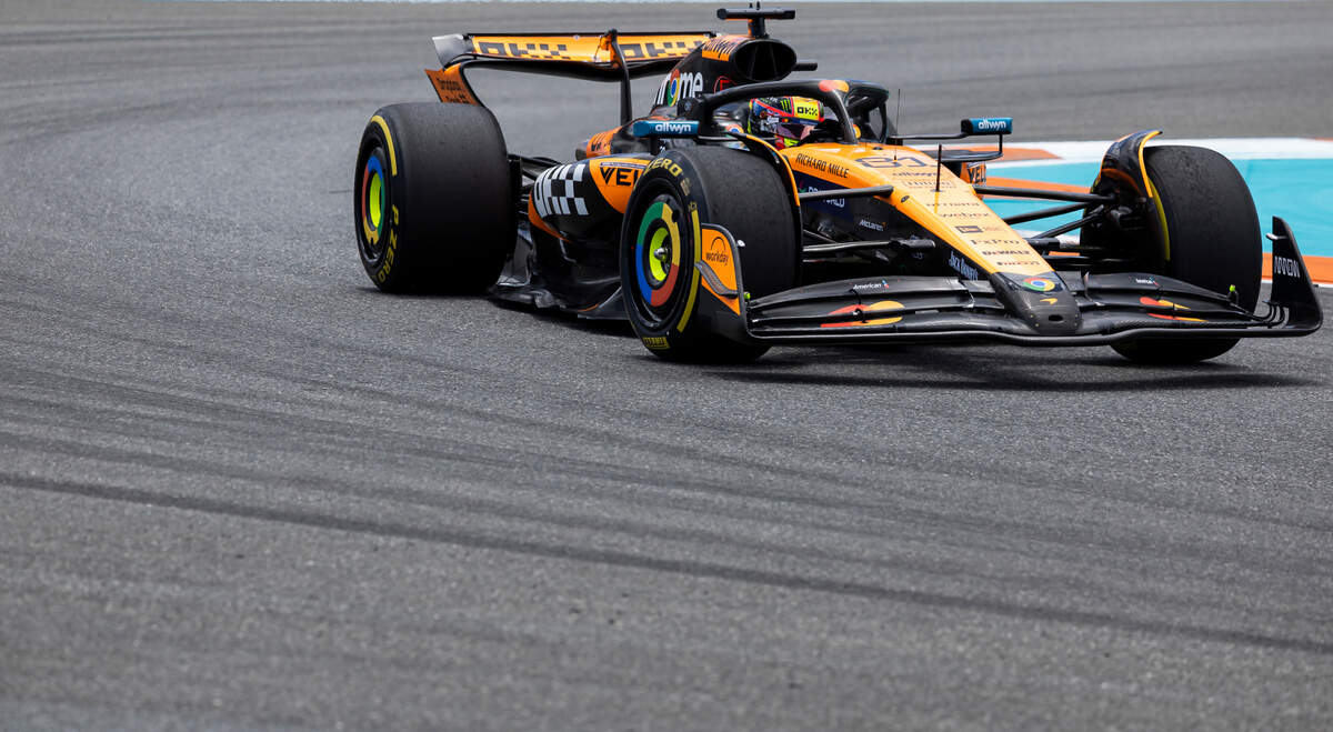 McLaren driver Oscar Piastri of Australia takes a turn during a practice session on the first day of the Formula One Miami Grand Prix at the Miami International Autodrome on Friday, May 2, 2025, in Miami Gardens, Fla.