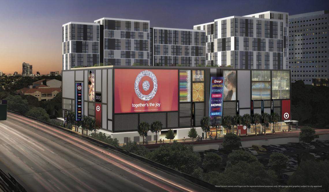 An architectural rendering shows how a planned $350 million retail and apartment complex in central Overtown would look from Interstate 95.