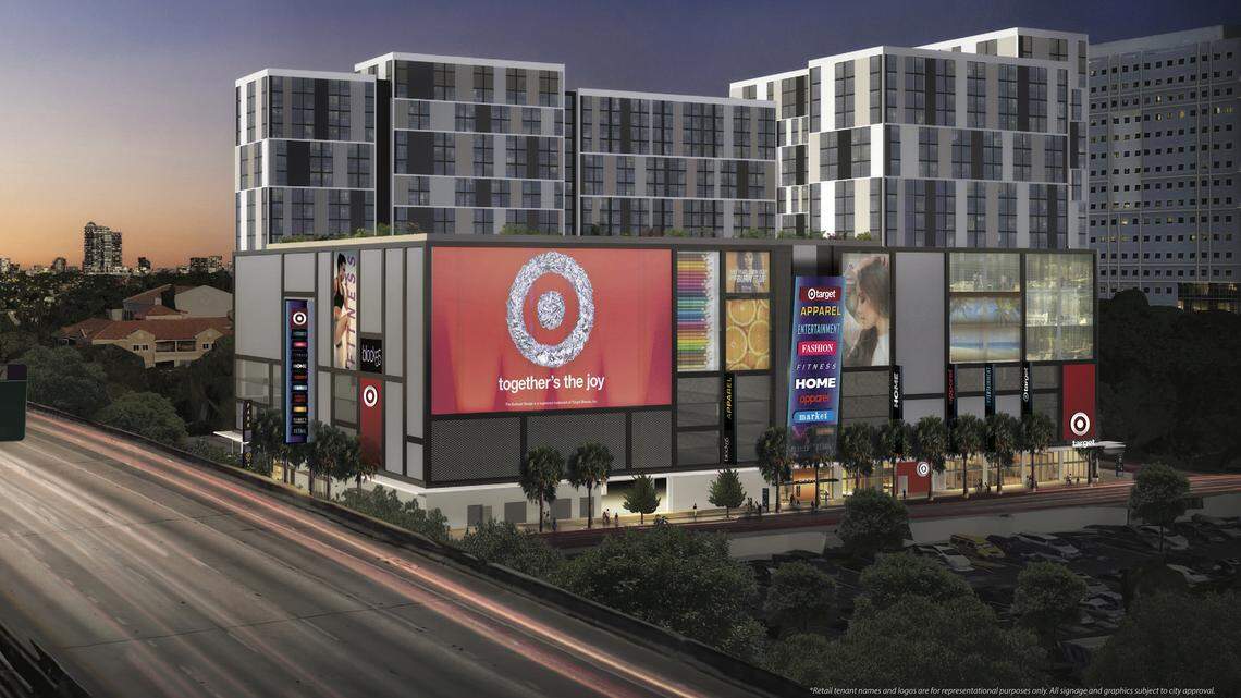 An architectural rendering shows how a planned $350 million retail and apartment complex in central Overtown would look from Interstate 95.