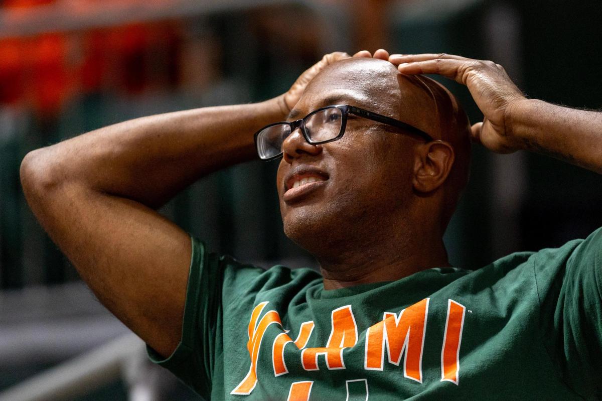 A Hurricanes fan reacts to a missed shot during the second half of an NCAA basketball game against Boston College at Watsco Center in Coral Gables, Florida on Wednesday, March 6, 2024.