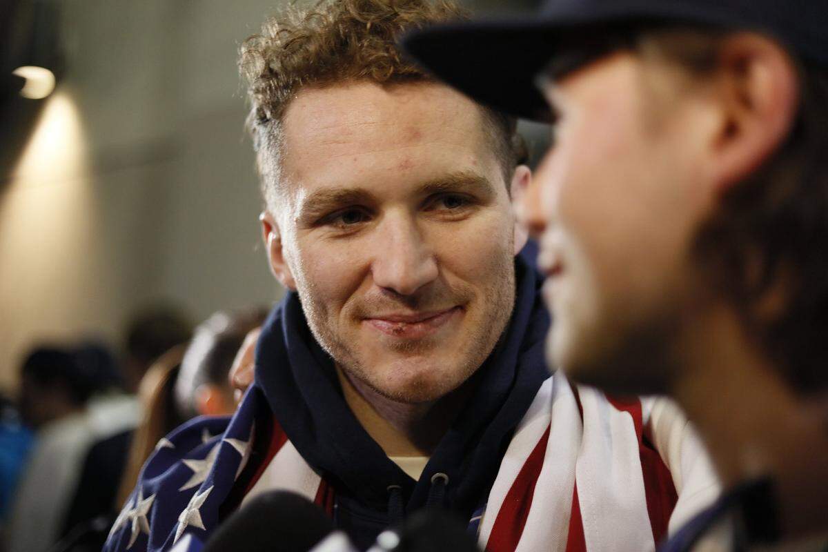 Matthew Tkachuk of the United States men’s hockey team arrives with teammates at E11EVEN Miami during a gold medal celebration on Monday, Feb. 23, 2026, in Miami, after returning from Milan following their victory over Canada at the 2026 Winter Olympics in Milan-Cortina, Italy.