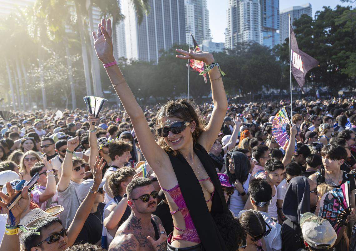 People dance and cheer as Alan Walker performs during Ultra Music Festival’s 26th anniversary at Bayfront Park on Saturday, March 28, 2026, in downtown Miami, Fla.