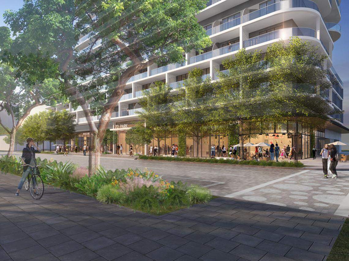 An architectural rendering of a proposed 22-story residential tower to be developed by Russell W. Galbut, founder of Crescent Heights, and Matis N. Cohen, managing principal of Kahunah Properties, in the Town Center at Miami Beach’s North Beach section.