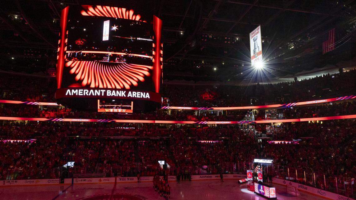 The Florida Panthers raise their 2025 Stanley Cup Champions banner prior to the start of their NHL game against the Chicago Blackhawks at the Amerant Bank Arena on Oct. 7, 2025 in Sunrise, Fla. 
