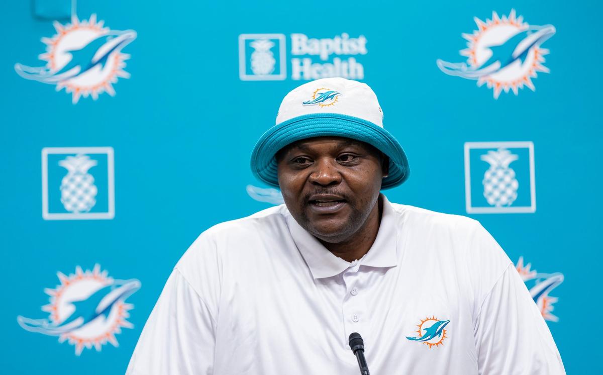 Former Miami Dolphins defensive tackle Tim Bowens speaks during a press conference at the Baptist Health Training Complex on Monday, Aug. 5, 2024, in Miami Gardens, Fla. The Miami Dolphins announced they would add Bowens to their ring of honor at the Hard Rock Stadium.