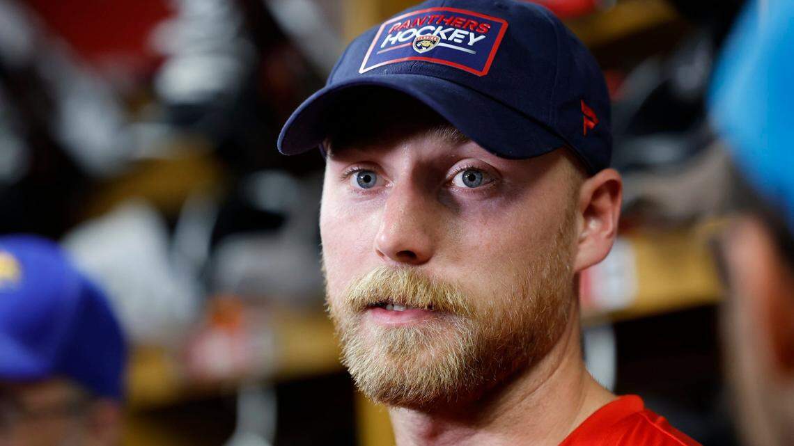 Florida Panthers forward Sam Bennett (9) speaks to reporters after practice at Florida Panthers IceDen in Coral Springs, Florida on Thursday, September 21, 2023.