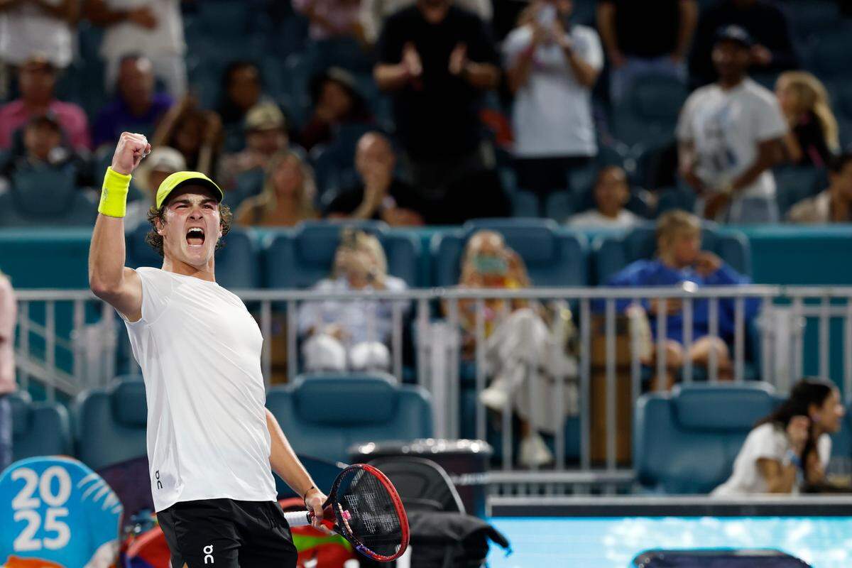 Mar 20, 2025; Miami, FL, USA; Joao Fonseca (BRA) celebrates after his match against Learner Tien (USA)(not pictured) on day three of the Miami Open at Hard Rock Stadium. Mandatory Credit: Geoff Burke-Imagn Images