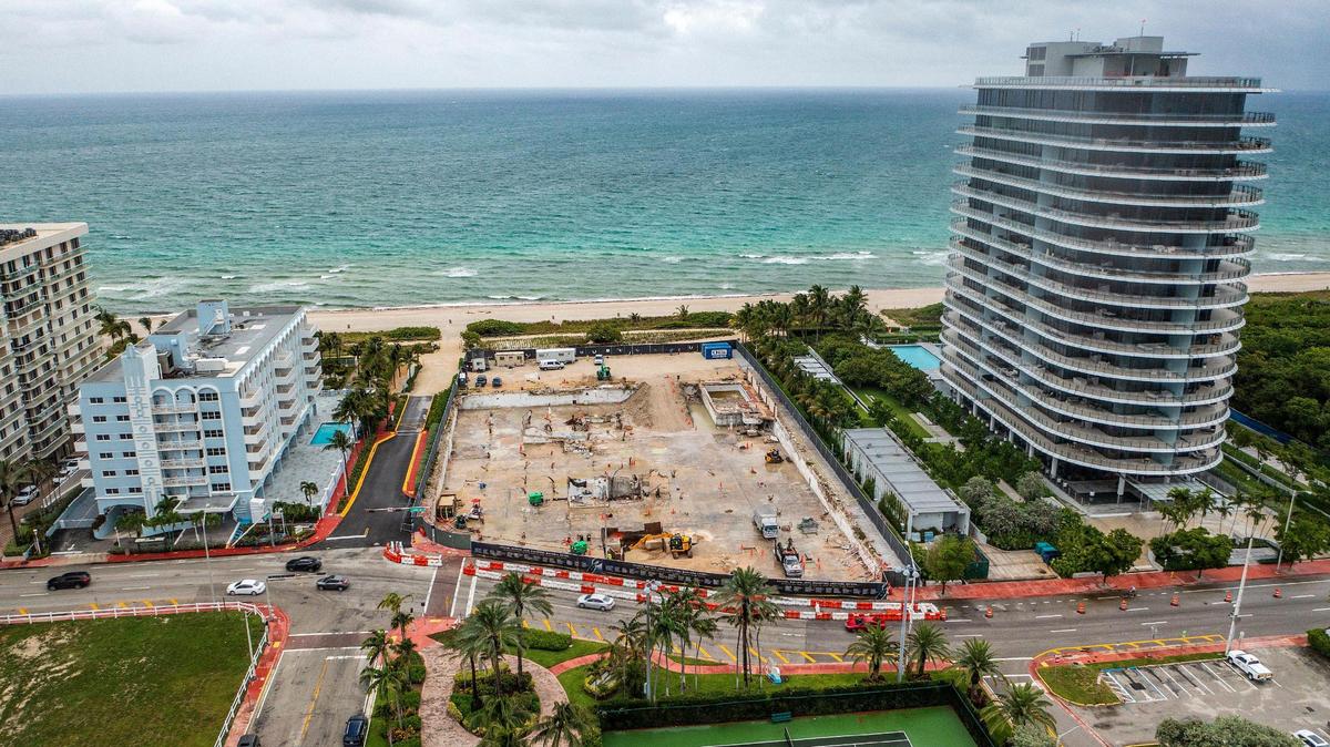 An aerial view on June 3, 2022, of the land that once housed Champlain Towers South at 8777 Collins Avenue in Surfside that collapsed on June 24, 2021.