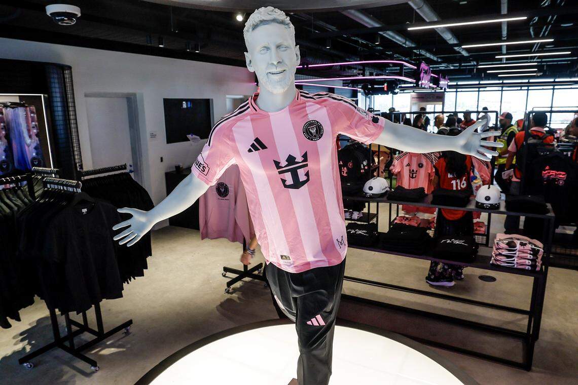 A mannequin of Inter Miami CF forward Lionel Messi (10) is seen in the team store at Nu Stadium at Miami Freedom Park on Thursday, April 2, 2026, in Miami.
