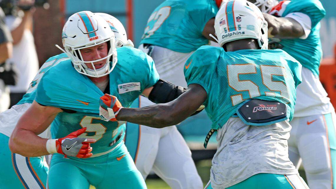 Miami Dolphins linebackers Jerome Baker (55) impressed coaches in the team’s first preseason game.