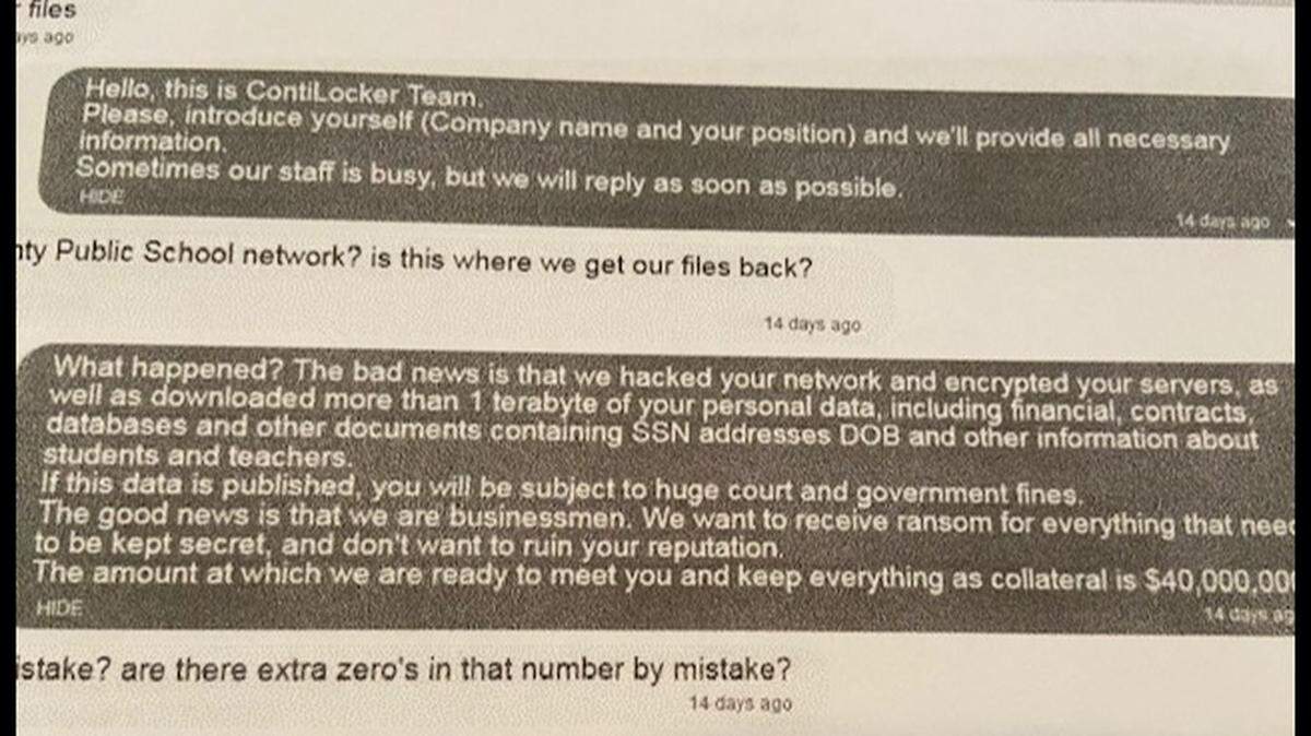 A screenshot shows an exchange between a Broward County Public Schools official and hackers who breached the school district’s computer system. The hackers want millions of dollars in ransom. The district has said it’s not paying ransom.