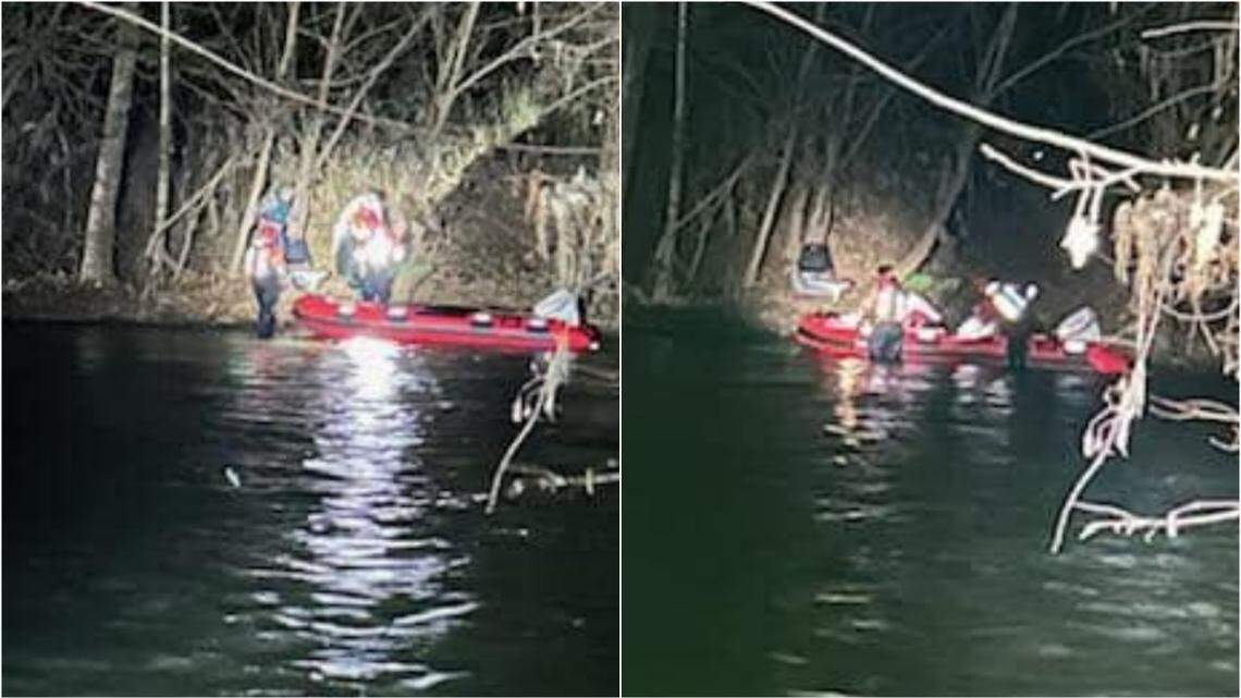 Two boaters stranded by raging waters in the Ocmulgee River were rescued by firefighters in Butts County, Georgia, officials said.