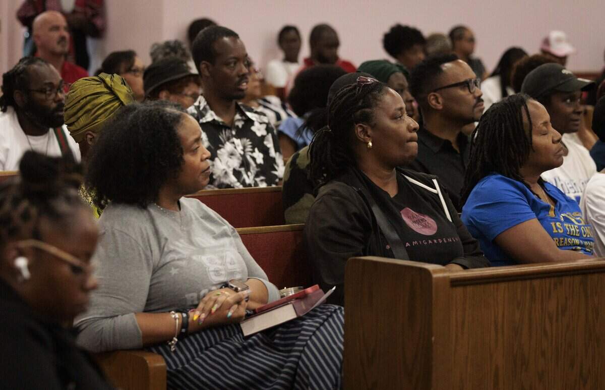 People listen during a forum for the candidates running for the Miami-Dade school board's vacant District 1 seat on Wednesday, July 15, 2026, in Miami Gardens, Fla.
