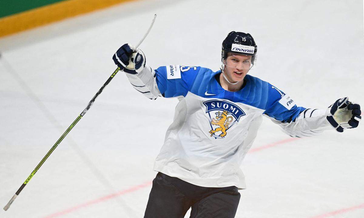 Finland’s forward Anton Lundell celebrates scoring during the IIHF Men’s Ice Hockey World Championships preliminary round Group B match between Germany and Finland, at the Arena Riga in Riga, Latvia, on May 29, 2021. (Gints Ivuskans/AFP/Getty Images/TNS)