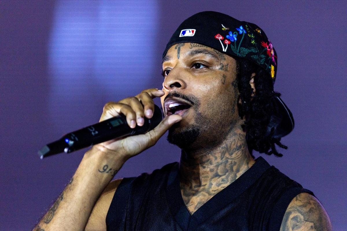 Rapper 21 Savage performs on the goPuff MainStage during day two of Rolling Loud Miami 2023 at Hard Rock Stadium in Miami Gardens, Florida, on Saturday, July 22, 2023.