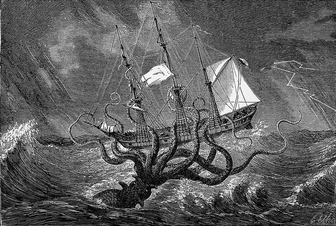 The Kraken is a legendary sea monster in Nordic folklore that terrorized fishermen and dragged entire ships into the deep ocean. Its origin might have been based on sightings of the elusive giant squid. 